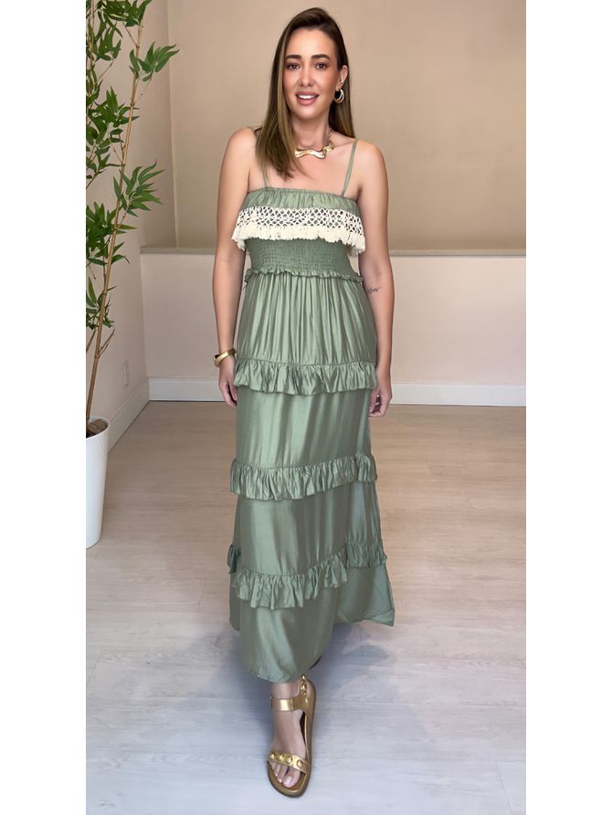 Vestido Longo Flora Com Babados- Verde - MeiMi Amores 