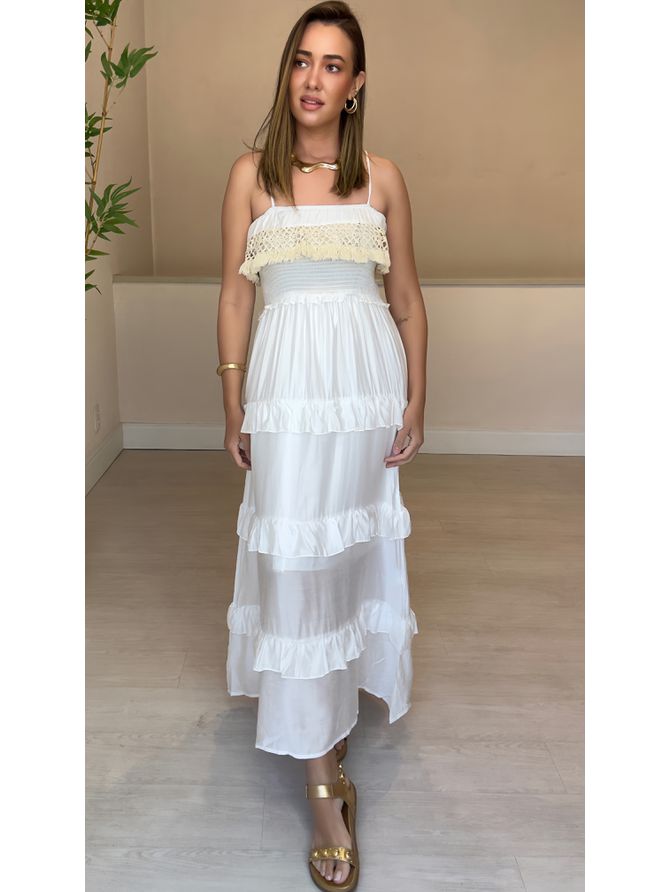 Vestido Longo Flora Com Babados- Branco - MeiMi Amores 