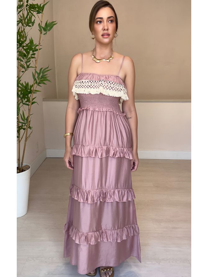 Vestido Longo Flora Com Babados- Rosa - MeiMi Amores 
