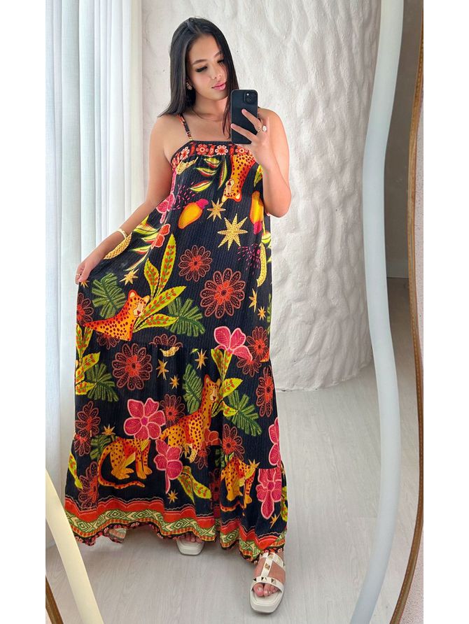 Vestido Longo Beatriz Estampado Com Amarraç... - MeiMi Amores 