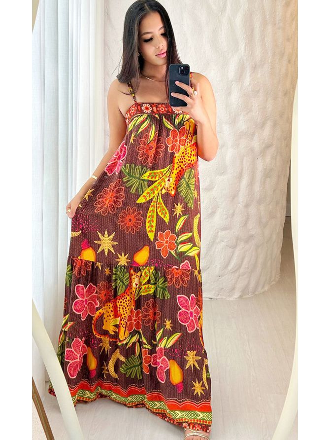 Vestido Longo Beatriz Estampado Com Amarraç... - MeiMi Amores 