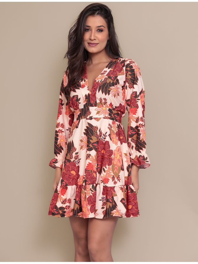 Vestido Feminino Decotado Estampado Manga L... - MeiMi Amores 