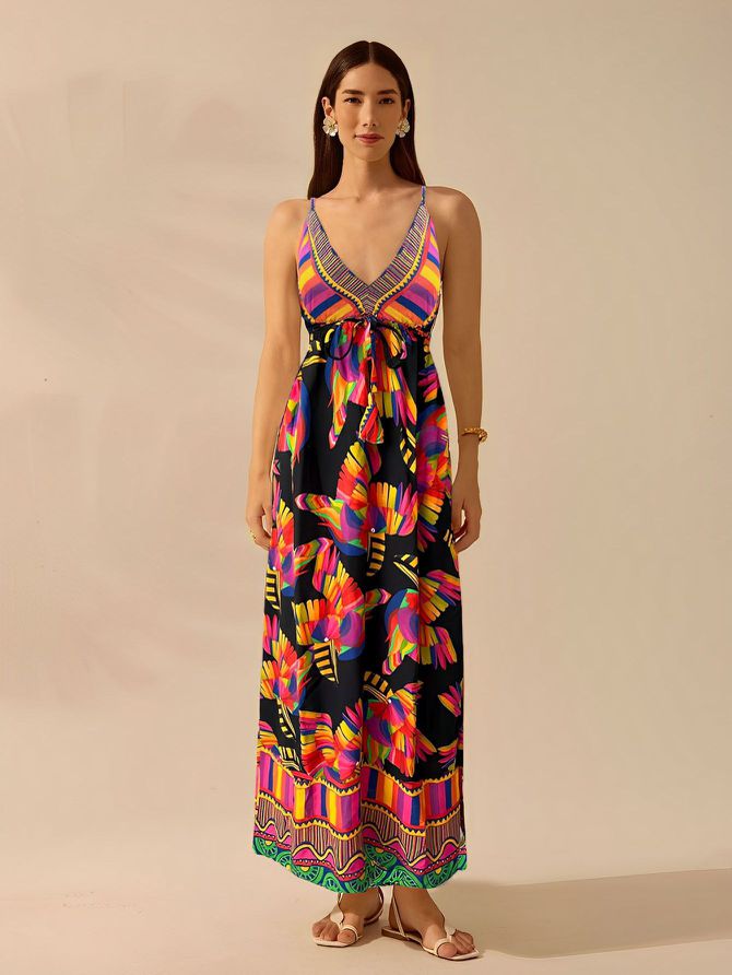 Vestido Longo decote V Estampado Tucano- Pr... - MeiMi Amores 