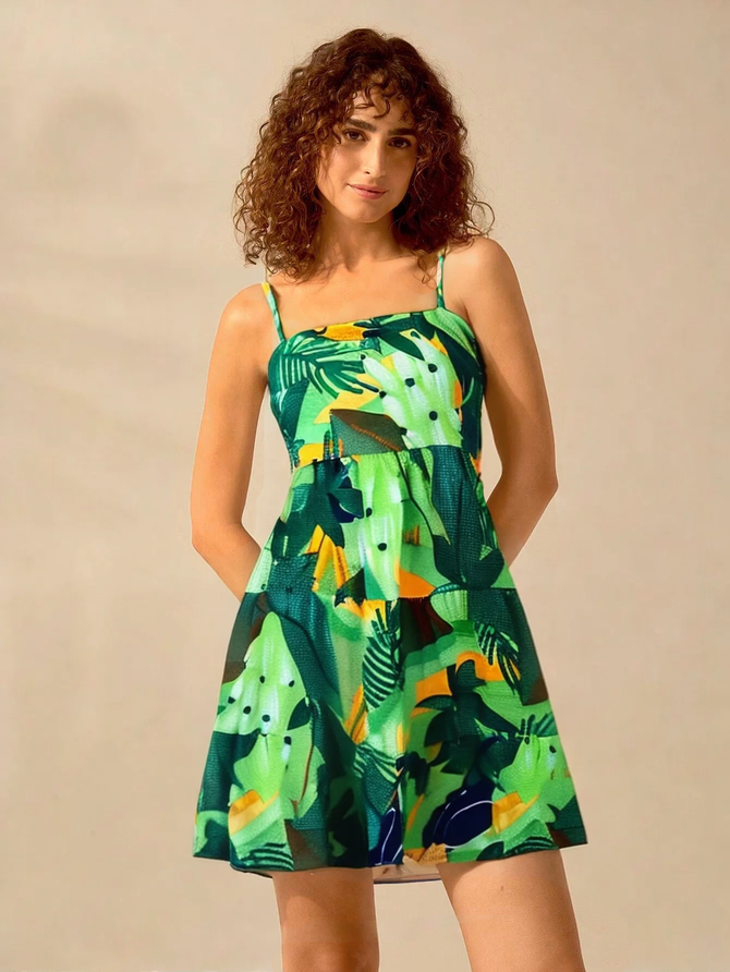 Vestido Ivete Curto Estampa Tropical - Verd... - MeiMi Amores 