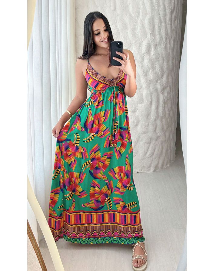 Vestido Isadora Longo Estampa Tucano- Verde - MeiMi Amores 
