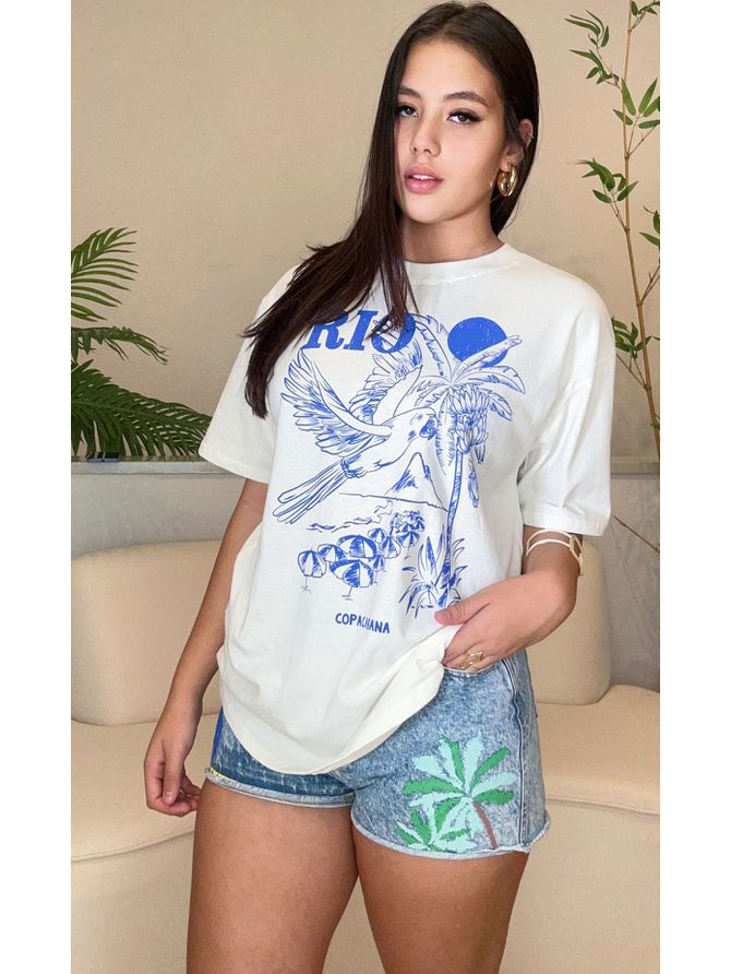 Camiseta TSHIRT Oversize - Branca c/ Azul - MeiMi Amores 