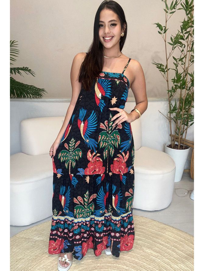 Vestido Tereza Longo Estampa Divertida - Pr... - MeiMi Amores 