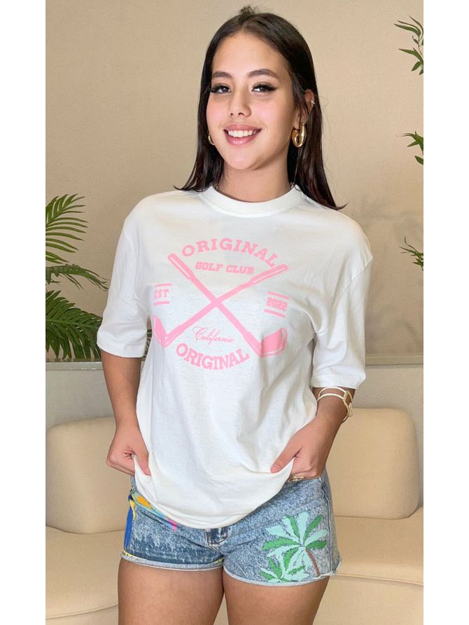 Camiseta TSHIRT Oversize - Branca c/ Rosa - MeiMi Amores 