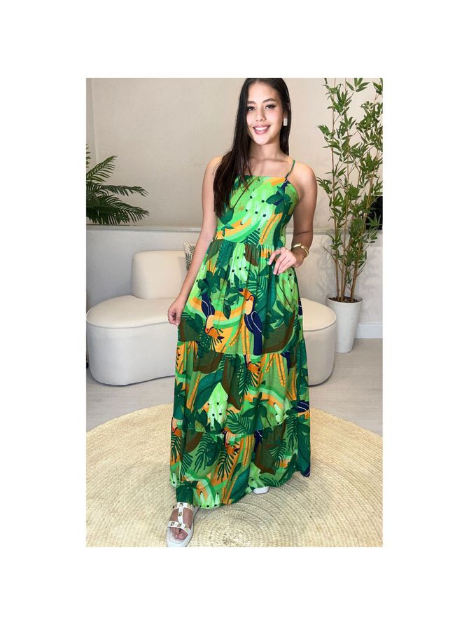 Vestido Ingrid Longo Estampa Tropical - Ver... - MeiMi Amores 