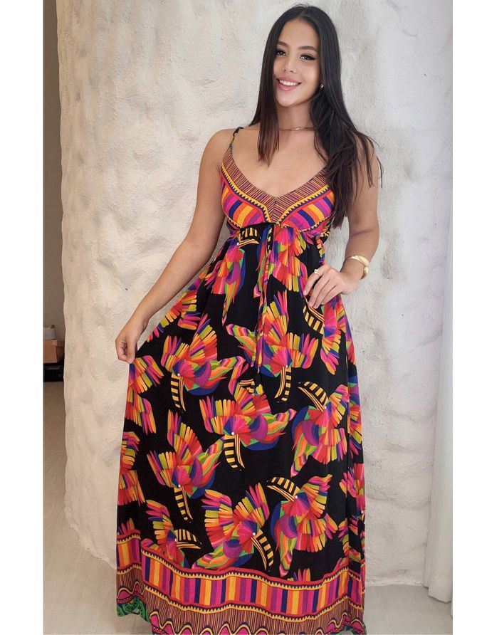 Vestido Isadora Longo Estampa Tucano- Preto - MeiMi Amores 