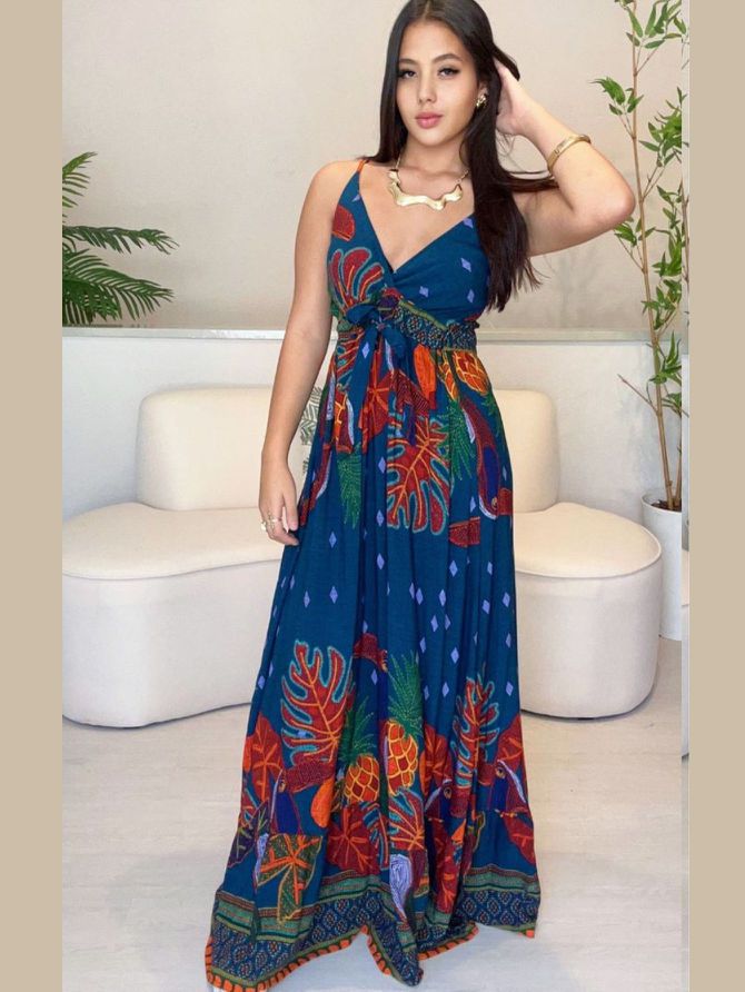 Vestido Samanta Longo Estampa - Azul - MeiMi Amores 