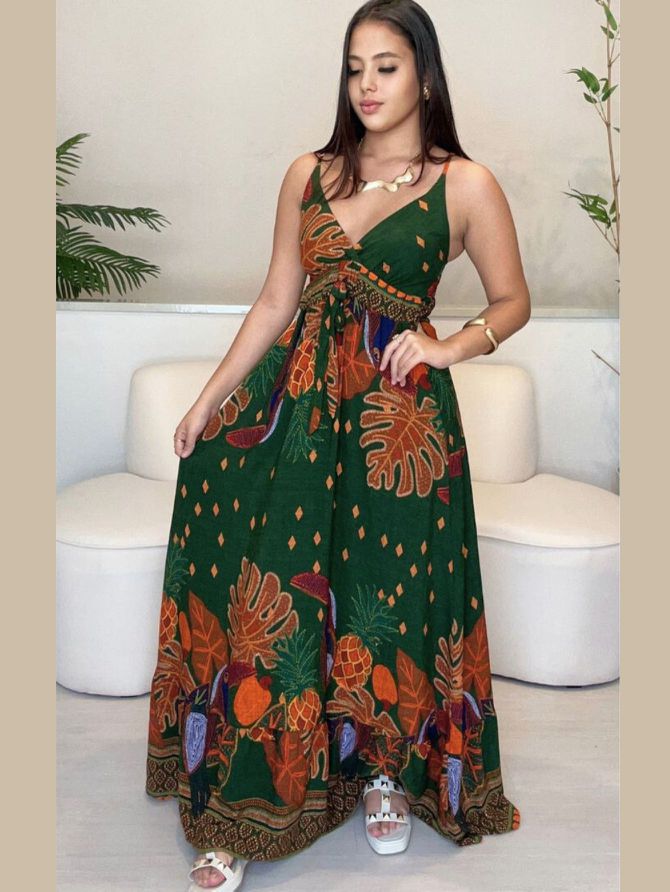 Vestido Samanta Longo Estampa - Verde - MeiMi Amores 