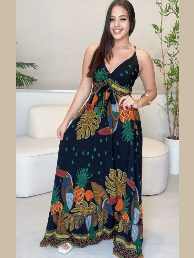 Vestido Samanta Longo Estampa - Preto - MeiMi Amores 