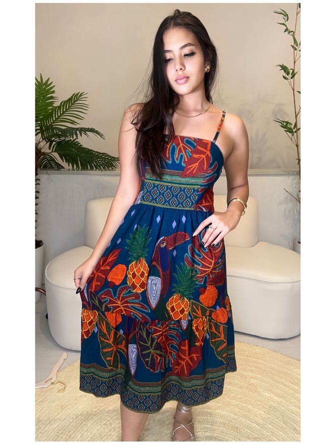 Vestido Midi Jessica Estampa Vintage- Azul - MeiMi Amores 