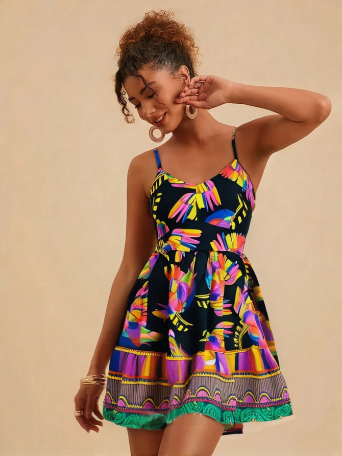 Vestido Curto Taina Estampa Tucano Decote e... - MeiMi Amores 
