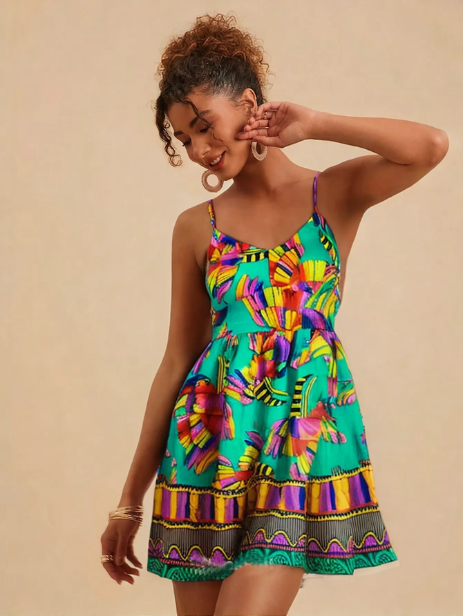 Vestido Curto Taina Estampa Tucano Decote e... - MeiMi Amores 