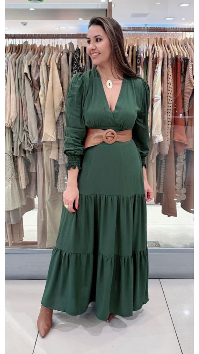 Vestido Longo de Manga Longa Princesa Verde