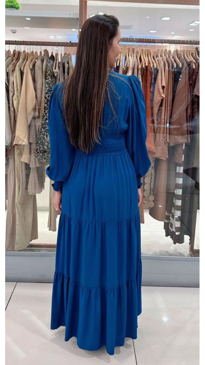 Vestido Longo de Manga Longa Princesa Azul Petróleo