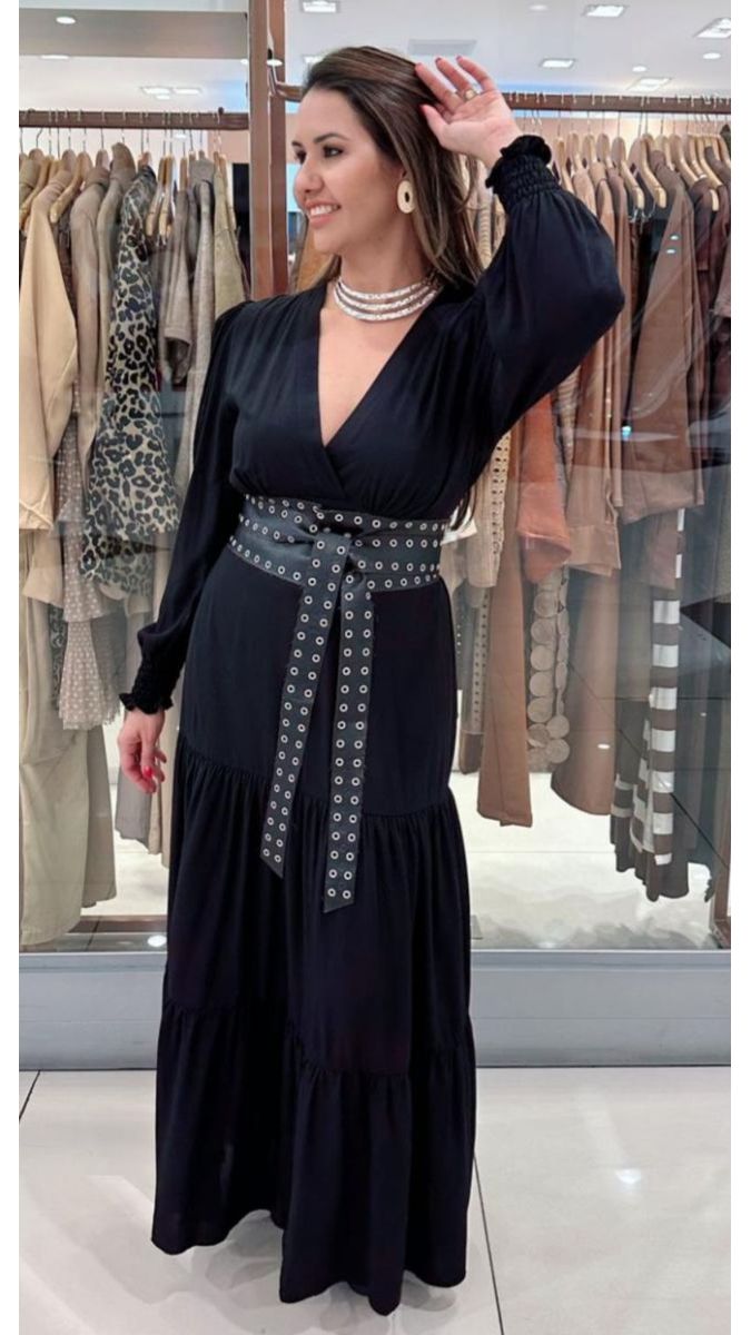 Vestido Longo de Manga Longa Princesa Preto