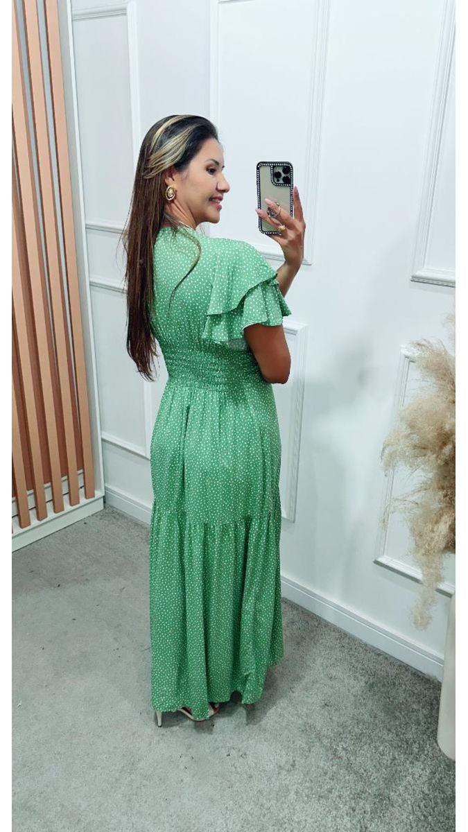 Vestido Estela Manga Dupla Babados Verde Sálvia Poá