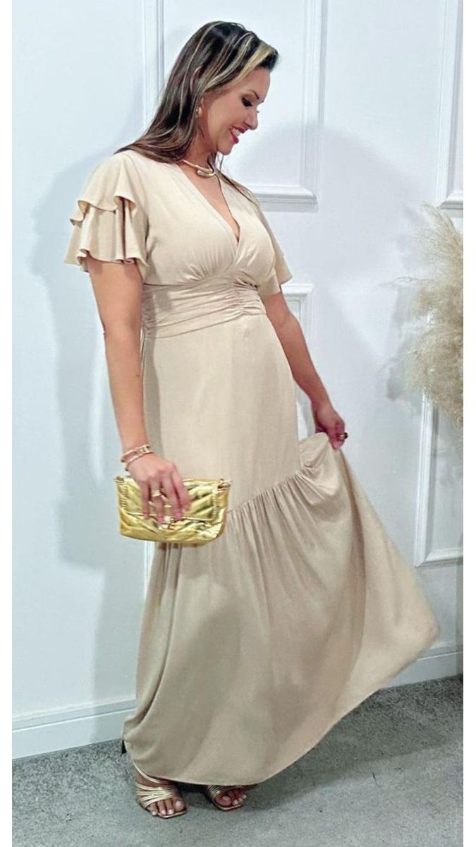 Vestido Estela Manga Dupla Babados Nude