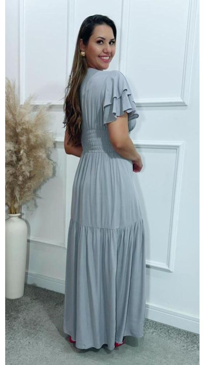Vestido Estela Manga Dupla Babados Cinza