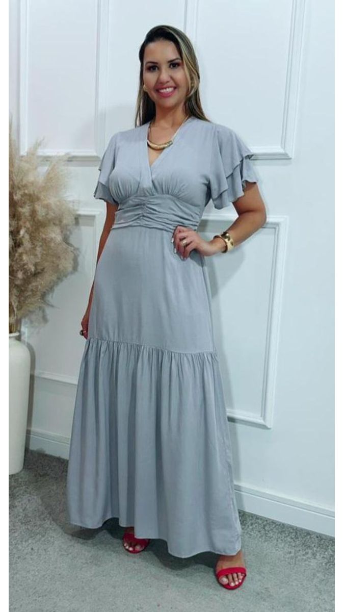 Vestido Estela Manga Dupla Babados Cinza