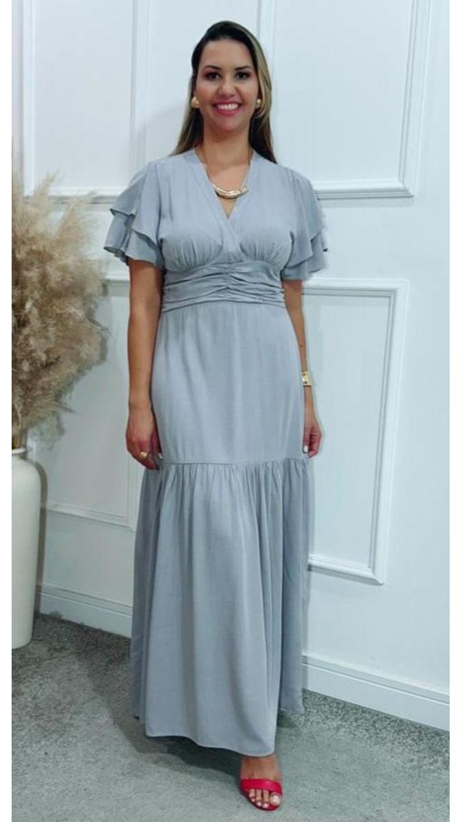 Vestido Estela Manga Dupla Babados Cinza