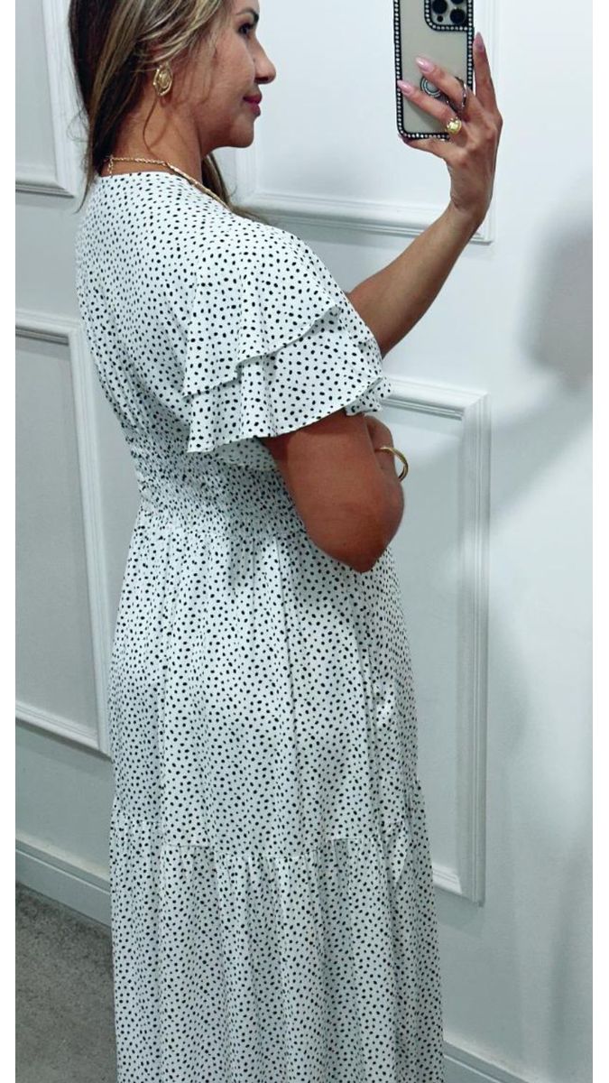 Vestido Estela Manga Dupla Babados Branco Poá