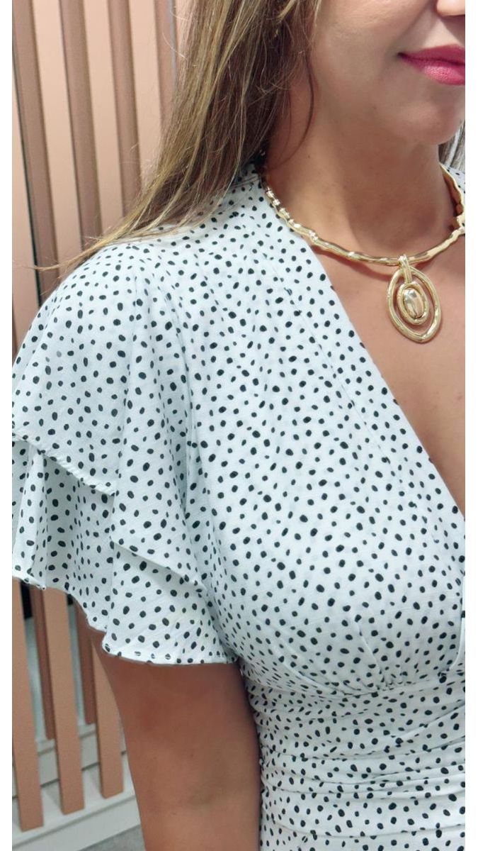 Vestido Estela Manga Dupla Babados Branco Poá