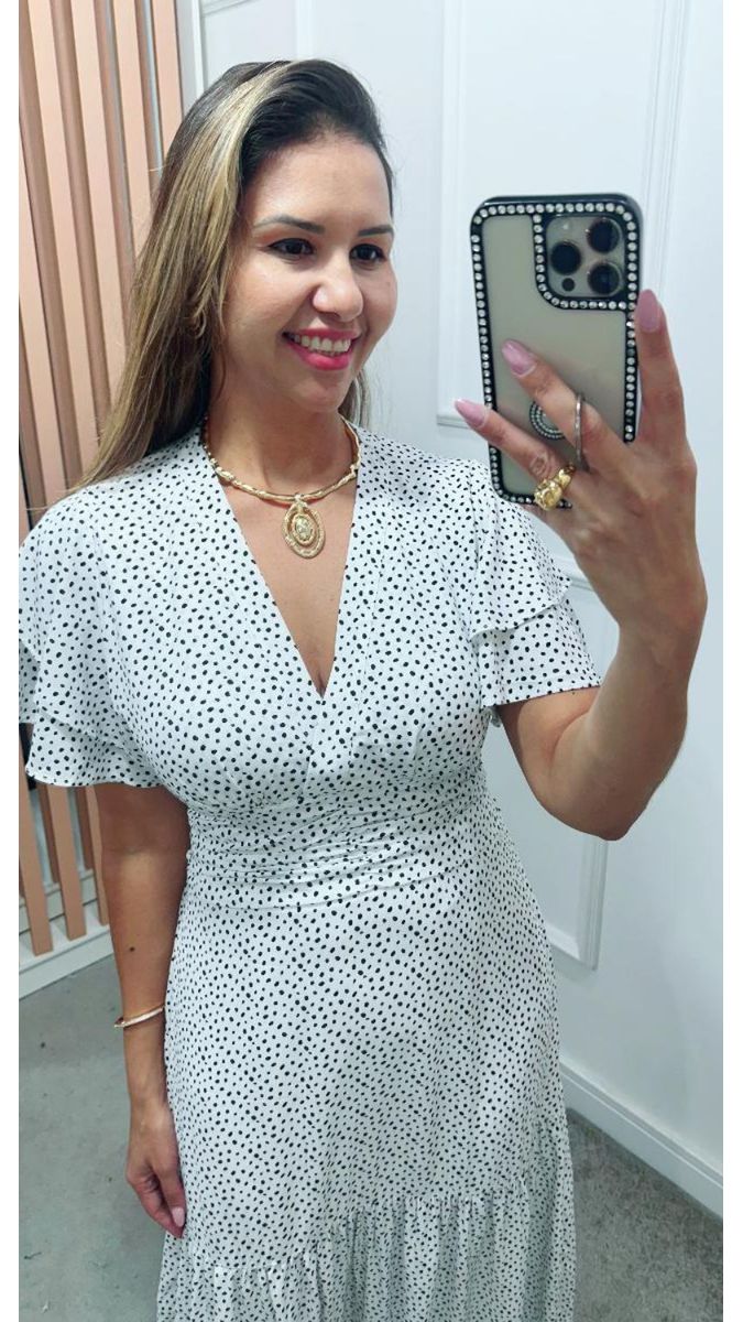 Vestido Estela Manga Dupla Babados Branco Poá