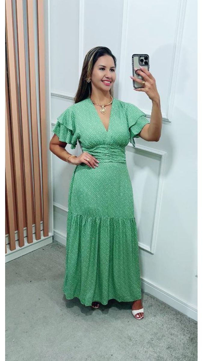 Vestido Estela Manga Dupla Babados Verde Sálvia Poá