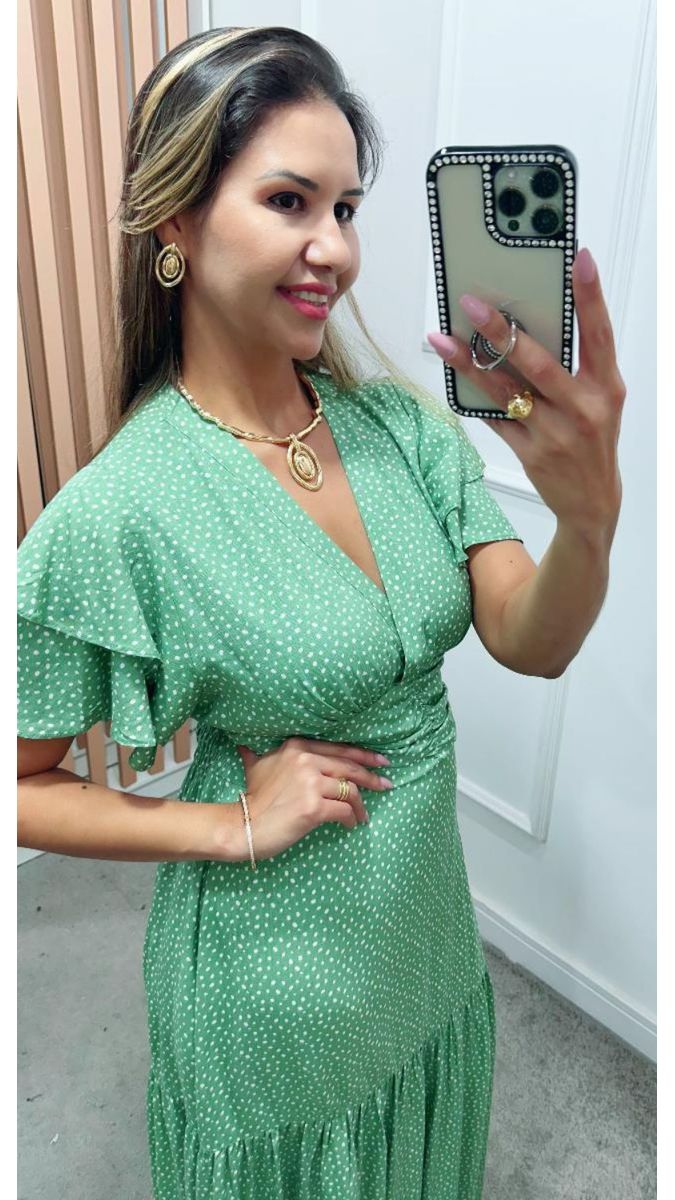 Vestido Estela Manga Dupla Babados Verde Sálvia Poá