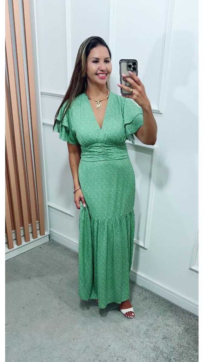 Vestido Estela Manga Dupla Babados Verde Sálvia Poá