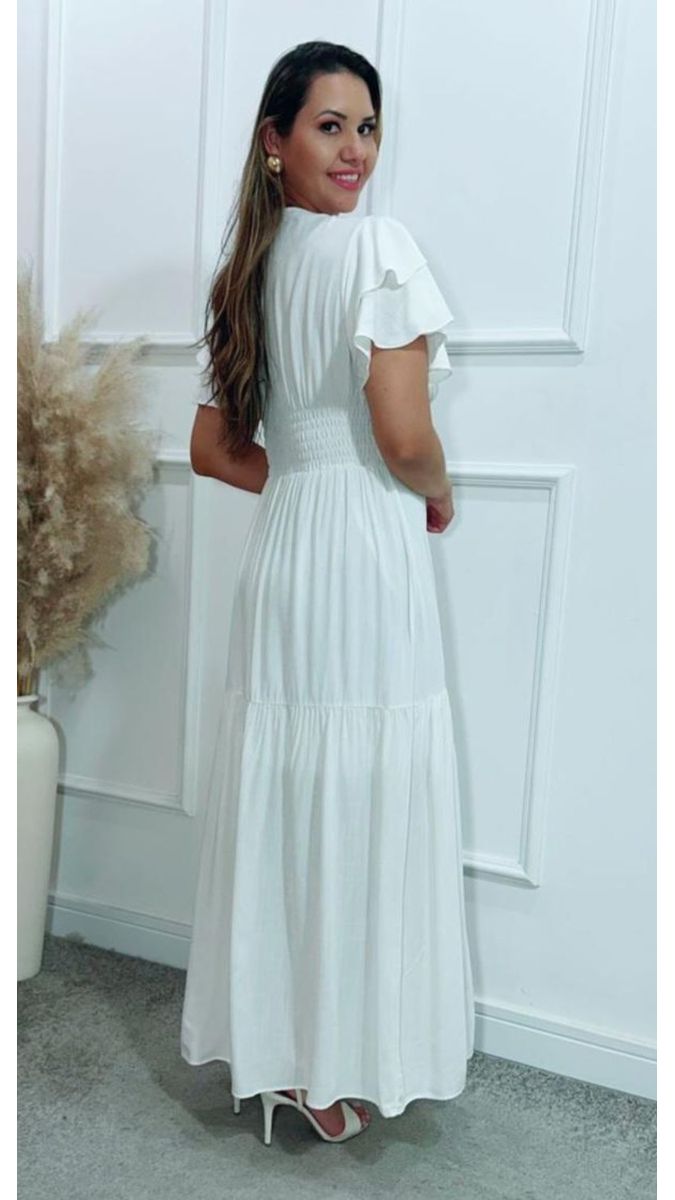 Vestido Estela Manga Dupla Babados Off White