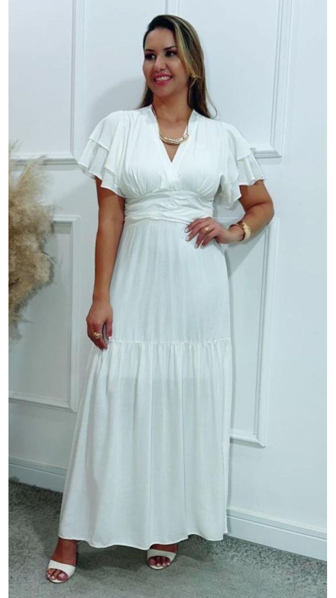 Vestido Estela Manga Dupla Babados Off White