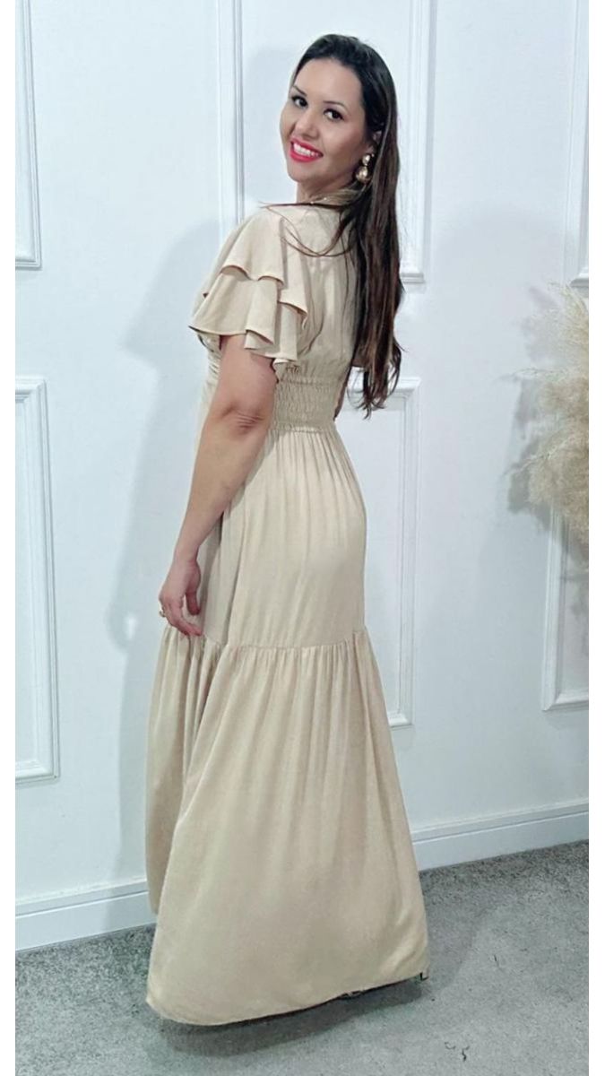 Vestido Estela Manga Dupla Babados Nude