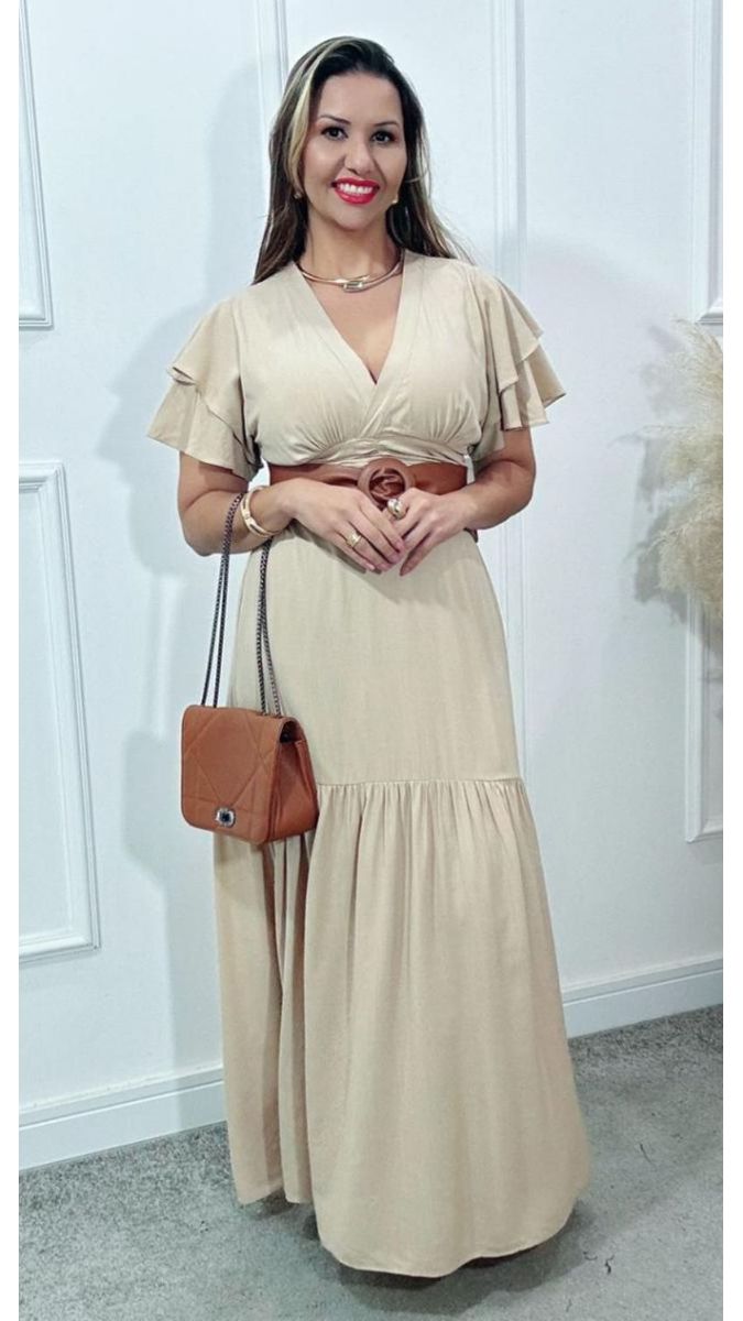 Vestido Estela Manga Dupla Babados Nude
