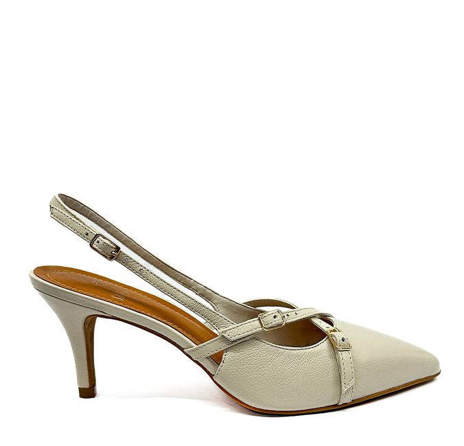 Slingback Off White em Couro Salto Fino 