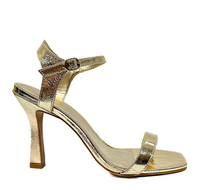 Sandália Dourada Salto Fino Couro 