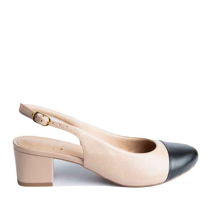 Slingback em Couro Salto Bloco Bege/Preto Confort