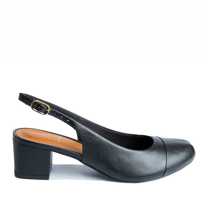 Slingback em Couro Salto Bloco Preto Confort