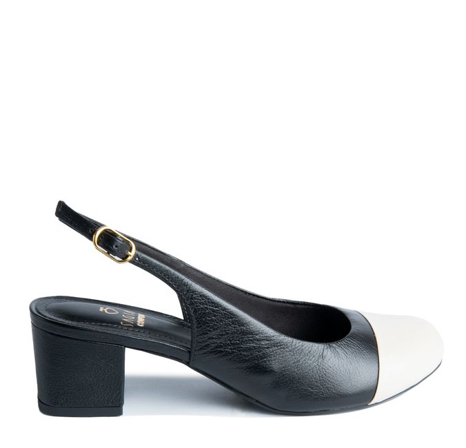 Slingback em Couro Salto Bloco Preto/Off White Confort