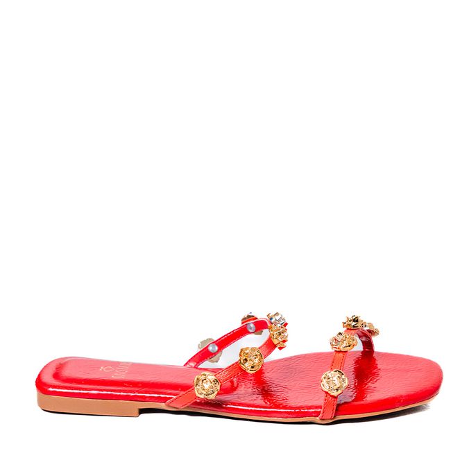 Sandália Rasteira Vermelho Morango Couro 