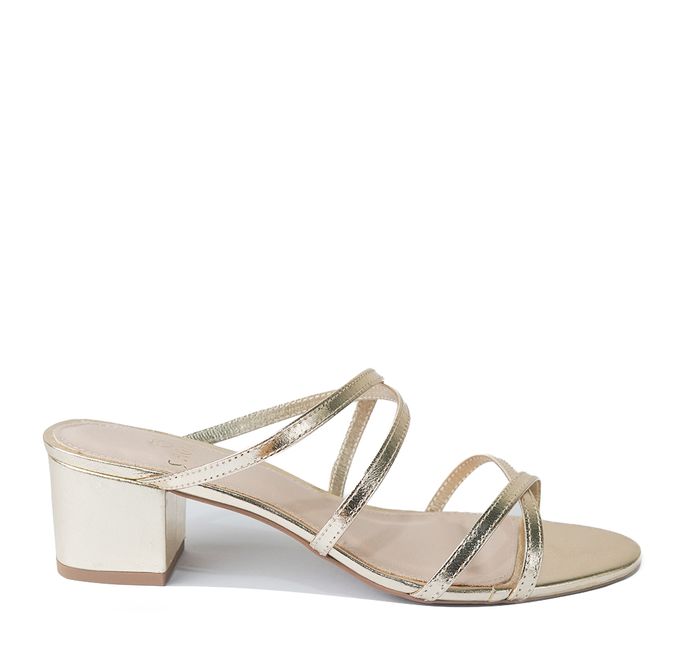 Tamanco Dourado Salto Bloco Tiras Couro