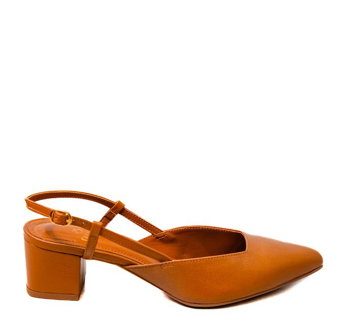 Scarpin Confort Salto Bloco Caramelo Em Couro