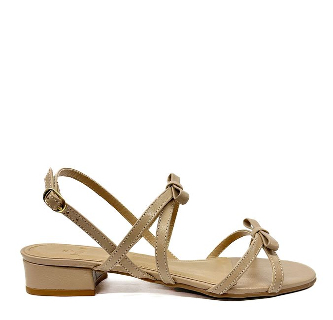 Sandália Bege Candy Salto Bloco Couro Laço