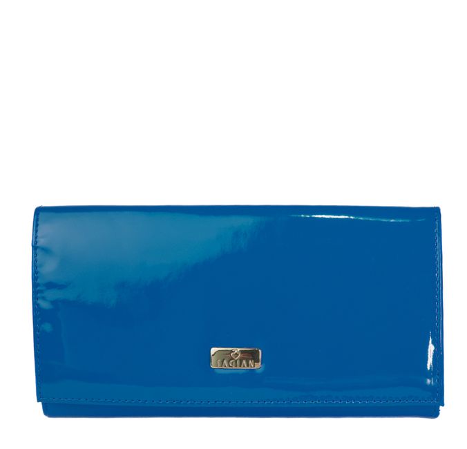 Bolsa Clutch Azul em Couro Verniz com Alça em Corrente