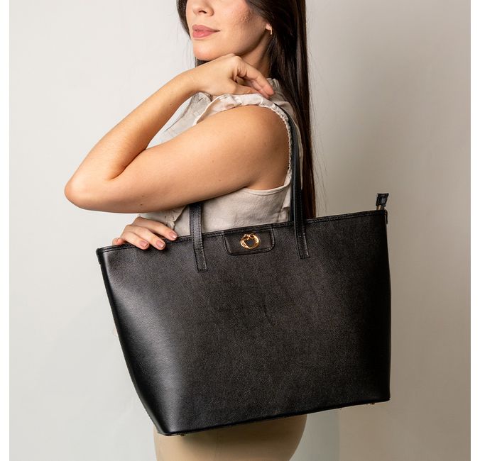 Bolsa Shopping Preta Couro Grande Aline