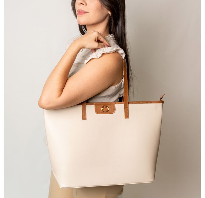 Bolsa Shopping Off White/Caramelo Couro Grande Aline